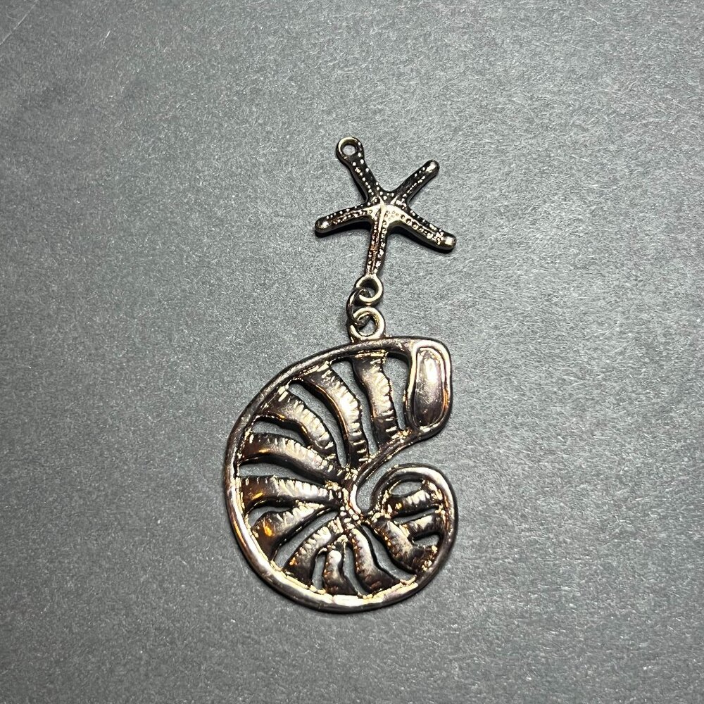 Dark Copper Tone Nautilus Shell & Starfish Ocean Beach Nautical Necklace Pendant